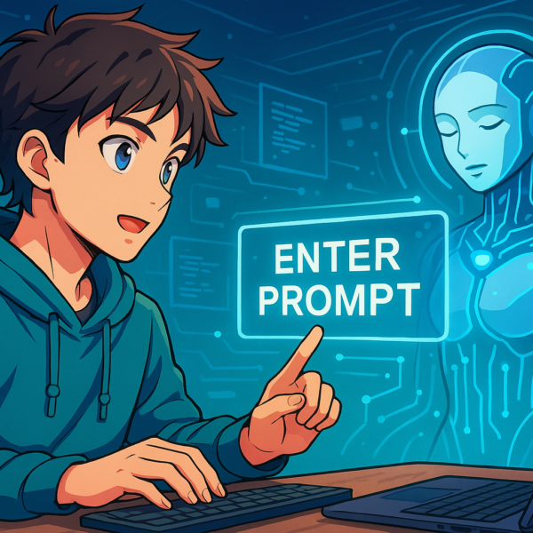 Joven programador escribiendo prompts para una IA con pantallas holográficas