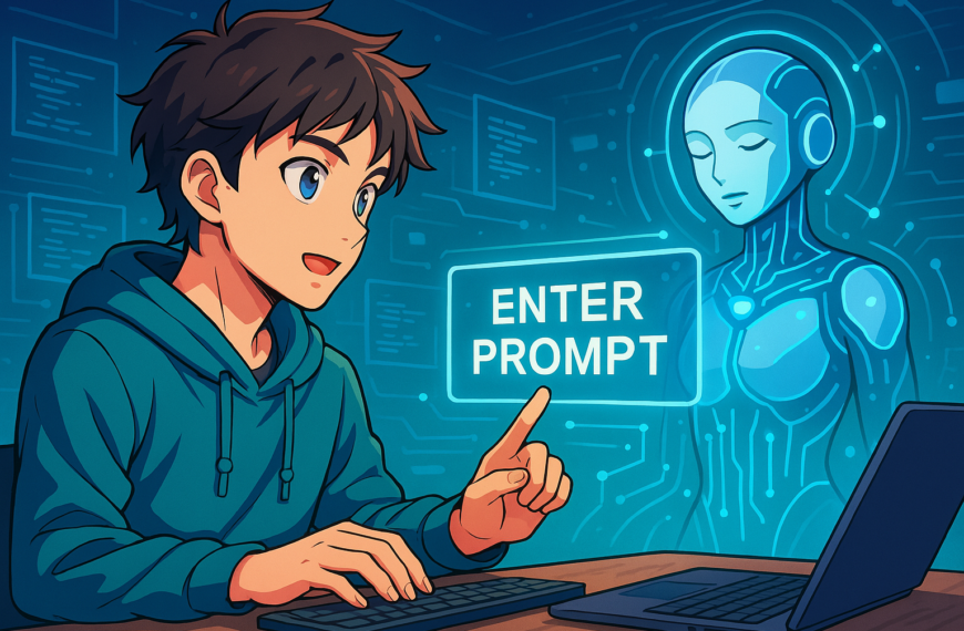 Joven programador escribiendo prompts para una IA con pantallas holográficas